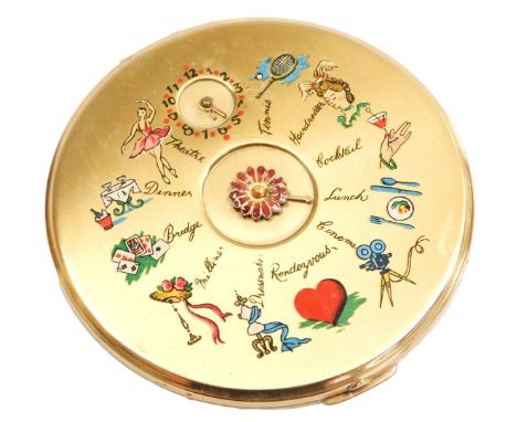 A mid century LeRage brass compact, the lid set with a faux clock, and a centrally floral dial indicating various pastimes pr