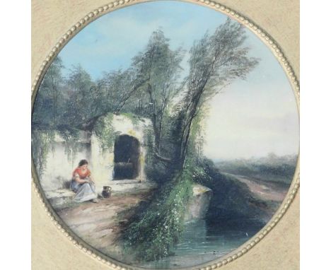 Sarah Louise Kilpack (1840-1909). A young woman with a water pitcher seated at a well, oil on circular canvas, signed (left h