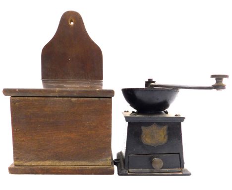 A late 19thC cast iron coffee grinder, by J&amp;J Siddons Limited, model number 2, 11cm wide, together with a wooden salt box