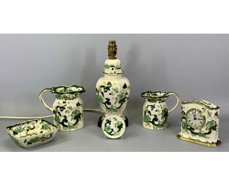 MASONS CHARTREUSE - two graduated jugs, 14cms the tallest, mantel clock, 13cms, table lamp, 26cms excluding fitting, square b