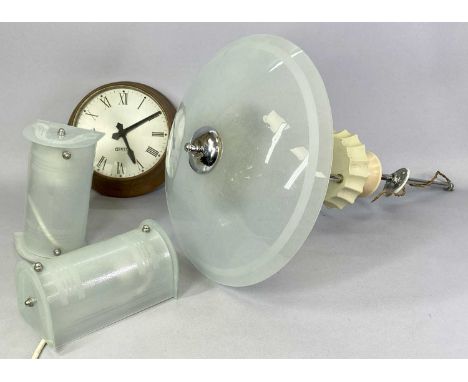 A RETRO PENDANT CEILING LIGHT FITTING - with opaque glass shade, 70cms H, 42cms diameter, a pair of Art Deco style opaque enc