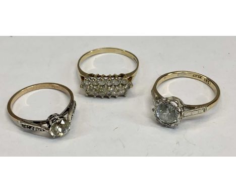 9CT DRESS RINGS (3) - to include a three row diamond set ring, having 19 claw mounted small diamonds in a basket setting, Siz