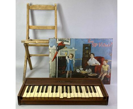VINTAGE COLOUR METAL ON CARD ADVERTISING PICTURE - 'Say McVities', 36.5 x 48cms, a vintage wooden child's folding chair and a