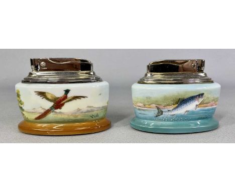 MINTONS/RONSON TABLE LIGHTER with hand painted detail of leaping salmon, signed 'A Holland' and another hand painted detail o