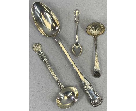 HALLMARKED SILVER FLATWARE - 4 items to include a Kings pattern serving spoon, Edinburgh 1844, Maker Robert Keay II, 30cms L,