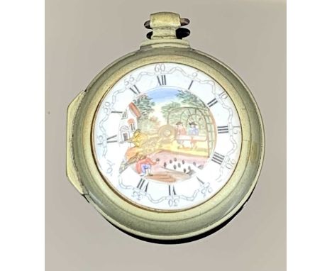 JOSEPHSON LONDON GEORGE III NICKEL PAIR CASED VERGE POCKET WATCH - the painted enamel dial showing man playing skittles and t