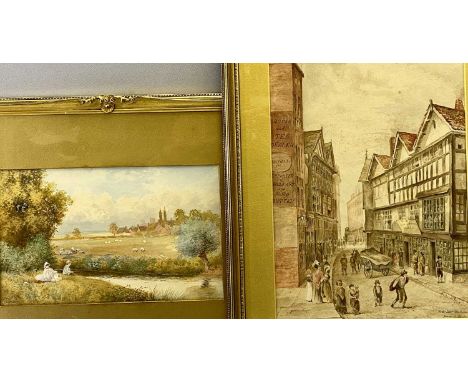 ANTIQUE WATERCOLOUR PAINTINGS (2) - R H WALKER - countryside village with sheep in a field having children by a river to the 