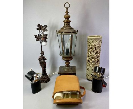 A RETRO WOODEN LANTERN STYLE TABLE LAMP with glass panels, 76cms H, a retro Studio Pottery table lamp, 46cms H, a figural met