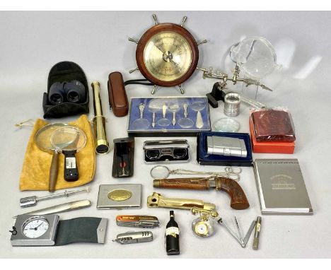 GENTLEMAN'S COLLECTABLES - to include penknives, reproduction brass telescope, binoculars, barometer, ETC