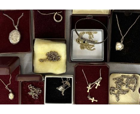 SILVER JEWELLERY, A COLLECTION - late 20th century including heart shaped pendant with chain, oval pendant with chain, a chil