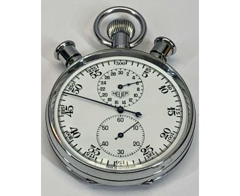 HEUER VINTAGE POCKET STOP WATCH - stainless steel case, with winding crown and twin pushers, white dial with two subsidiary d