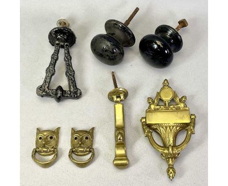 GEORGIAN BRASS LION HEAD DOOR KNOCKER, Georgian style brass door knocker, a Victorian cast iron door knocker, two large black