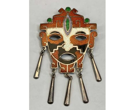 CASTELAN MEXICAN STERLING SILVER &amp; ENAMEL MASK PENDANT BROOCH - bears maker's stamp, possibly 'Jeronimo Fuentes', 8cms ov