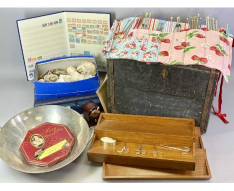 SHELLS, FOSILS &amp; MINERAL SAMPLES, a vintage rectangular pine box, 35 x 43 x 30cms, a collection of three stamp album stoc