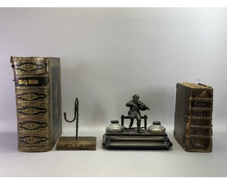ANTIQUE WROUGHT IRON RUSH LIGHT/NIP - on stained pine base, 21cms H, ebonised desk stand mounted with a spelter figure of a v