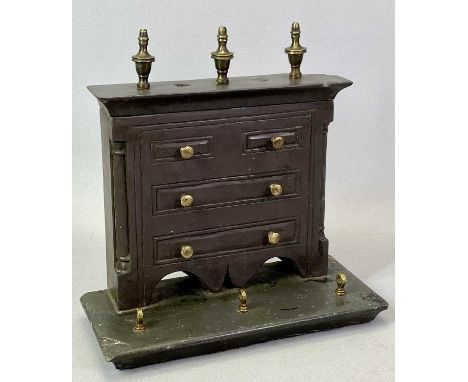 WELSH FOLK ART - a Victorian carved slate model of a chest of drawers with brass knobs and finials, 24cms H x 23cms W x 10.5c