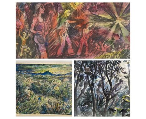 HELEN M STEINTHAL (British 1911 - 1991) watercolours (3) - rock concert, monogrammed lower right, 30 x 44cms, watercolour gou