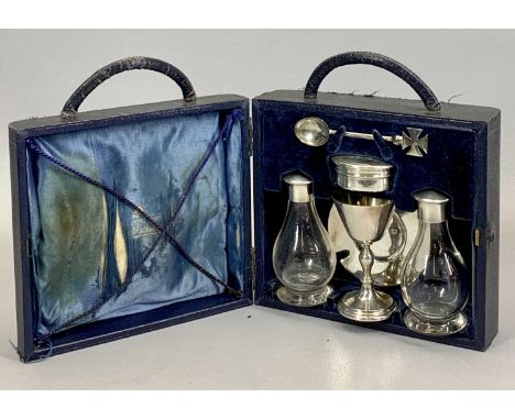 CASED HALLMARKED SILVER COMMUNION SET, 6 PIECES - London 1936 and 1937, Maker A R Mowbray &amp; Co Ltd, to include two bottle