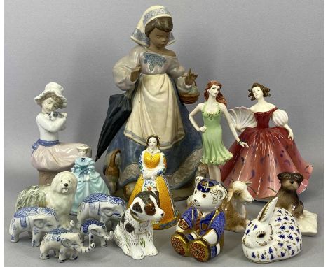 LLADRO FIGURE OF A GIRL - with basket and umbrella with cats at her feet, 29cms H, Nao figure of a seated girl with puppy, 17