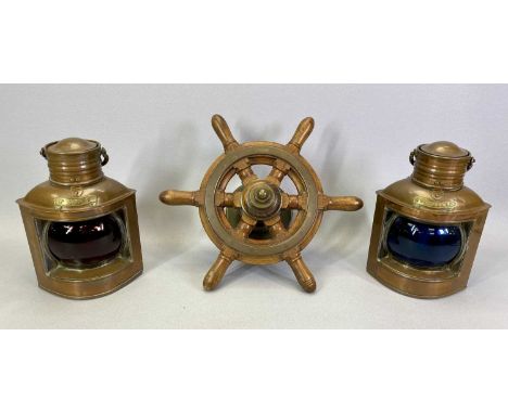 SMALL MAHOGANY SHIP'S WHEEL - with brass fittings and stand, 19cms H, 32cms diameter and a pair of copper port and starboard 