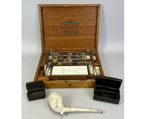 A LACQUERED PAPIER MACHE SNUFF BOX - 19th century, the hinged cover with inlaid decoration, 3cms H, 8.5cms W, 6cms D, another