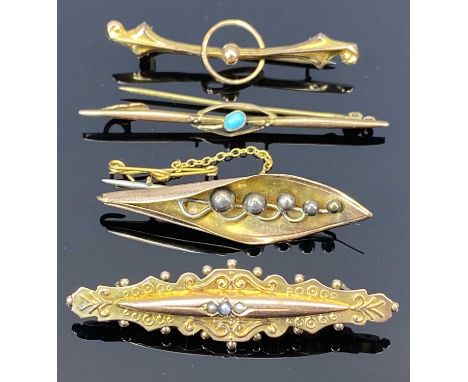 9CT GOLD BAR BROOCHES (4) - to include a bicolour Victorian example set with three seed pearls, 9ct gold and silver Lily of t