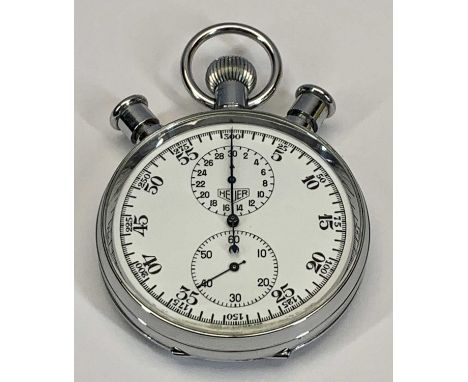 A HEUER VINTAGE POCKET STOPWATCH - stainless steel case with winding crown and twin pushers, white dial with two subsidiary d
