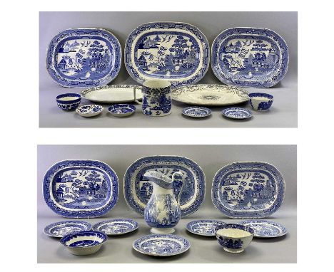 STAFFORDSHIRE BLUE &amp; WHITE TRANSFER WARE POTTERY - late 19th century, six oval indented meat plates 'Willow', 50 x 40cms,