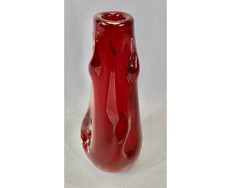 WILSON H DYER FOR WHITEFRIARS - a red glass nobbly lamp base vase, 25cms H