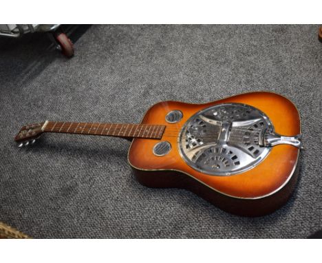 A Hohner resonator acoustic guitar, made in Korea, with mahogany back and sides and sunburst finish, with hard case