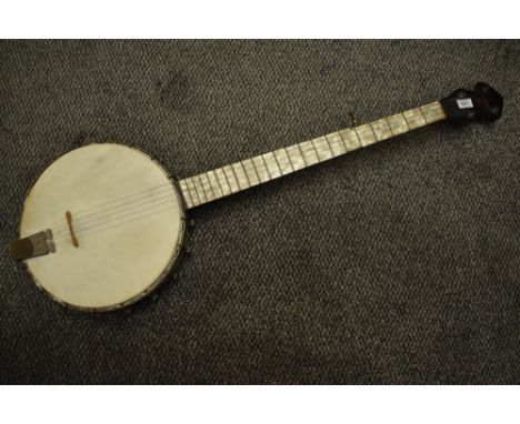 A vintage banjo, headstock with remains of Broadcaster label, mother of pearl effect fingerboard, open back, no case