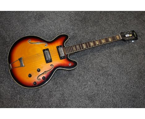 A vintage lawsuit period Antoria Twincaster electric guitar, similar to the Gibson 335, with trapeze style tailpiece