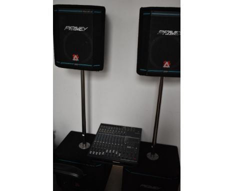 A PA system comprising Yamaha EMX5014C powered mixer (with box) , pair of Peavey Hisys6XT and pair of Peavey Hisys 112XT bass