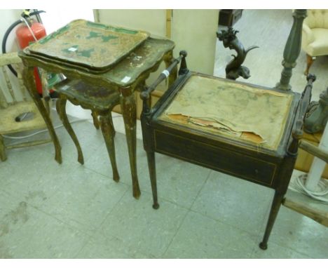 Small furniture: to include an early 20thC string inlaid, stained beech framed music stool, having a hinged lid, on slender, 