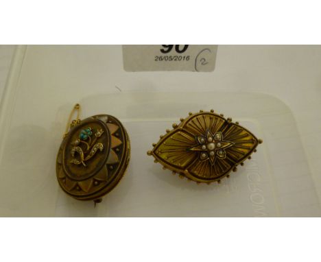 Two similar yellow metal mourning brooches of various form, having enamel and turquoise ornament       11