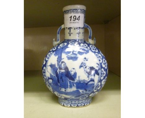 A late 19thC Chinese porcelain flask design vase, decorated in blue and white with panels of figures  6.25''h        OS1