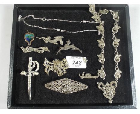 A Collection of Silver Marcasite and Enamel Costume Jewellery Brooches Necklaces Pendants Etc. 