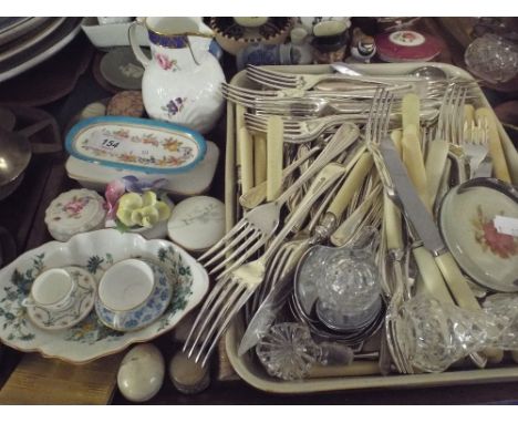 A Tray Containing Silver Plated and Bone Handled Cutlery, Coalport Mask Head Jug, Miniature Cups and Saucers Etc. 