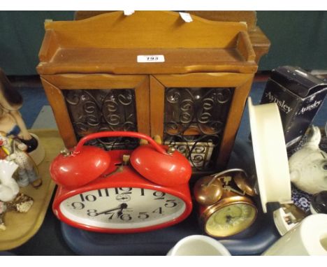 A Tray Containing Vintage Clocks, Wooden Spice Racks. 