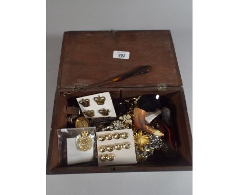 A Box Containing Military Badges, Buttons,Costume Jewellery, Pipe Etc