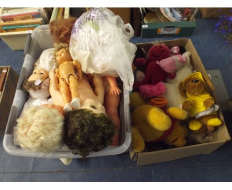 Two Boxes of Soft Toys Vintage Dolls Etc. 