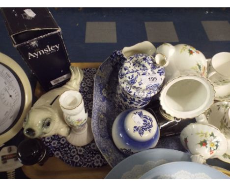 A Tray of China to Include Goebel Seal Money Box Blue and White Meat Plate Calico Etc. 