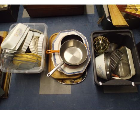 A Collection of Kitchenalia to Include Le Cruset Pan Vintage Mincer Bread Board Flan Dishes .