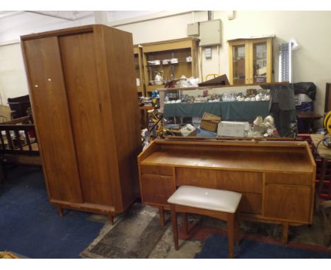 A Vintage 1970's Dressing Table Mirror and Stool with A Matching Two door Wardrobe. 