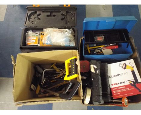 Two Boxes of Hand Tools A Clamp Light Saws Chisels Etc. 