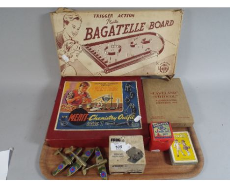 A Tray of Vintage Toys to Include Merit Chemistry Outfit, Trigger Action Bagatelle Board, Frog Miniature Electric Motor, Bovr