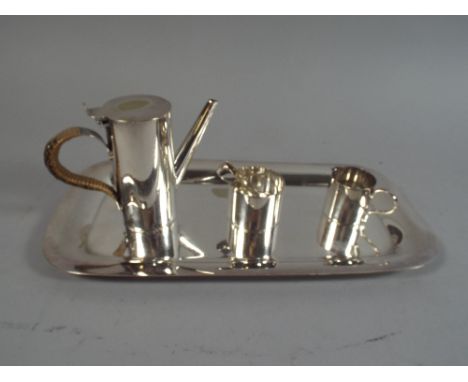 A Miniature Silver Plated Three Piece Coffee Service with Tray and Miniature Sugar Tongs. 