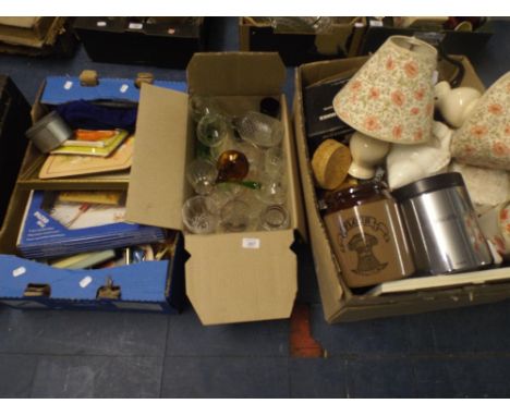 Three Boxes to Include Glassware China Lamps, Conch Shell, Outdoor Thermometer, Photo Frames Etc. 