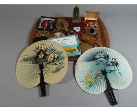 A Tray of Ephemera to Include Silver Mounted Dressing Table Pot, Wooden Snuff Box with Horn Interior, Ladies Compact, Cloison