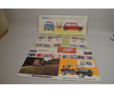 A 12 page fold-out Brochure introducing the new Mini dated 1959 plus another for the Mini Mk II plus a Moke leaflet